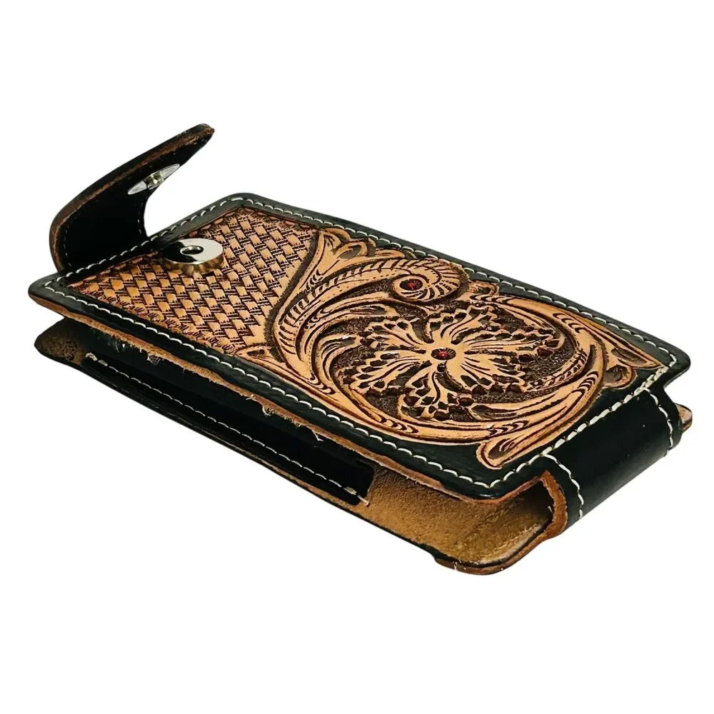 Western Leather Cell Phone holster black - hand tooled,Funda de piel vaquera